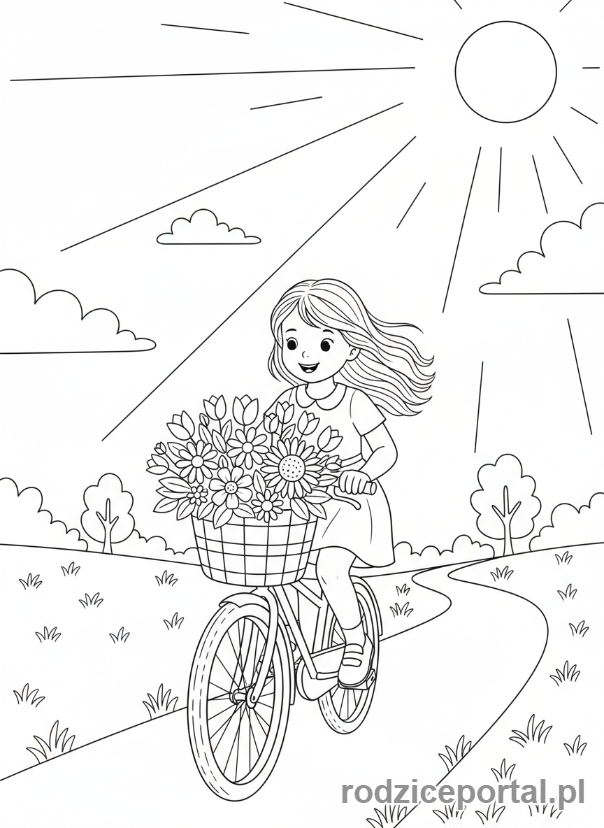 Kolorowanka Dla Dziewczynek - Dziewczynka jadąca na rowerze.