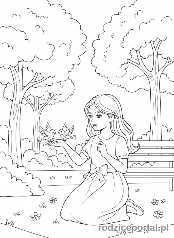 Kolorowanka Dla Dziewczynek - Dziewczynka karmiąca ptaki