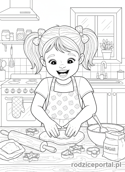 Kolorowanka Dla Dziewczynek - Dziewczynka piekąca ciasteczka w kuchni