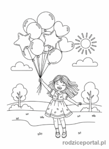 Kolorowanka Dla Dziewczynek - Dziewczynka z balonami