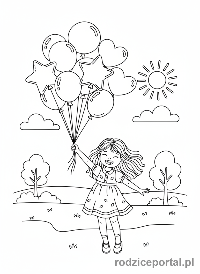 Kolorowanka Dla Dziewczynek - Dziewczynka z balonami