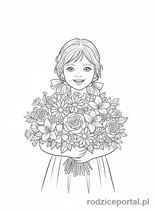 Kolorowanka Dla Dziewczynek - Dziewczynka z bukietem kwiatów