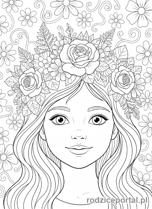 Kolorowanka Dla Dziewczynek - Dziewczynka z koroną z kwiatów
