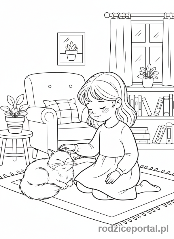 Kolorowanka Dla Dziewczynek - Dziewczynka z kotem