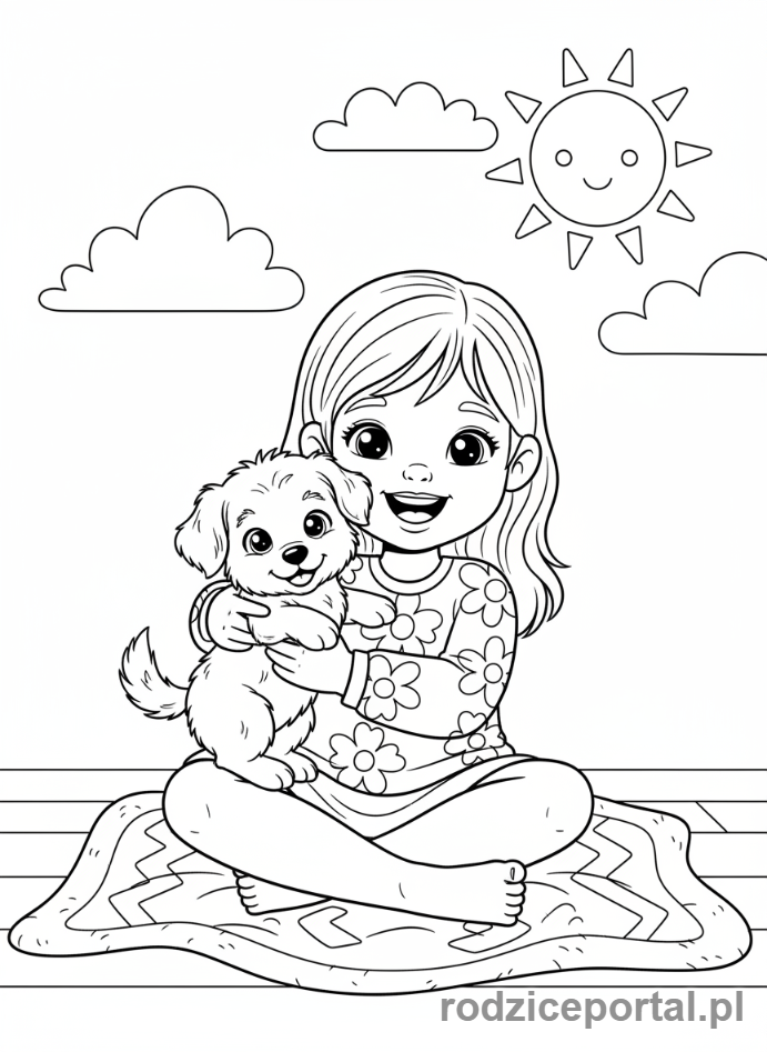 Kolorowanka Dla Dziewczynek - Dziewczynka z pieskiem.