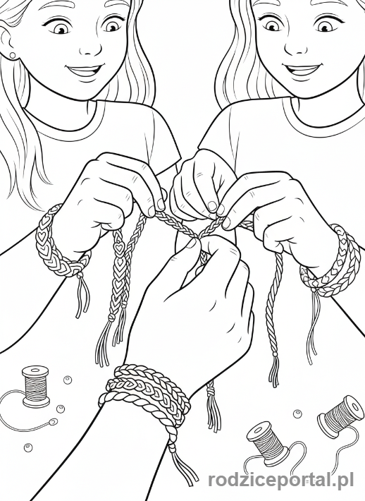 Kolorowanka Dla Dziewczynek - Dziewczynki tworzące bransoletki przyjaźni