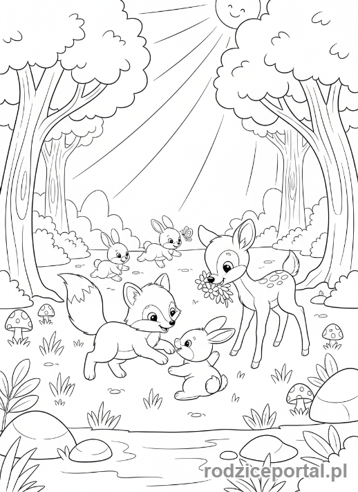 Kolorowanka Dla Dziewczynek - Dzikie zwierzęta bawiące się razem