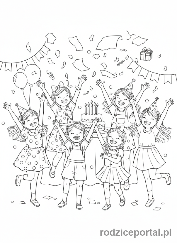 Kolorowanka Dla Dziewczynek - Grupa dziewczynek świętująca.