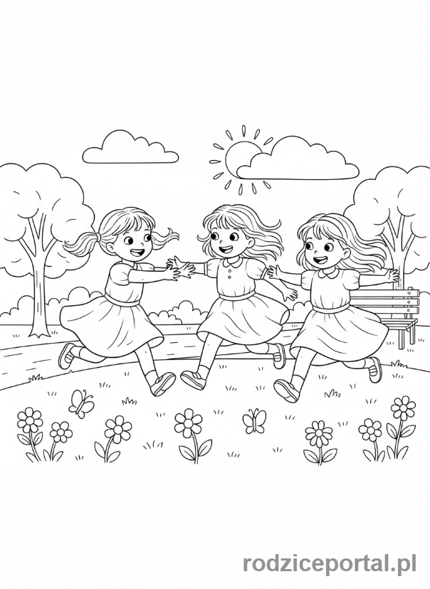 Kolorowanka Dla Dziewczynek - Grupa przyjaciółek grających w berka