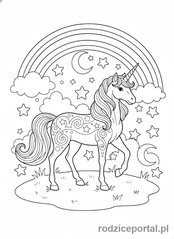 Kolorowanka Dla Dziewczynek - Jednorożec i tęcza.