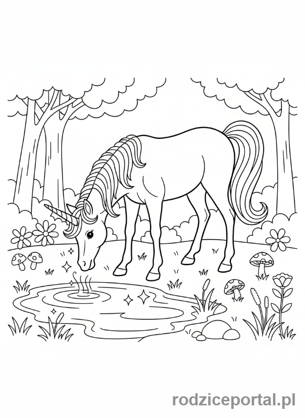 Kolorowanka Dla Dziewczynek - Jednorożec pijący z magicznego stawu.