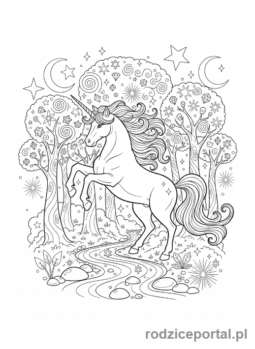 Kolorowanka Dla Dziewczynek - Jednorożec w magicznym lesie.