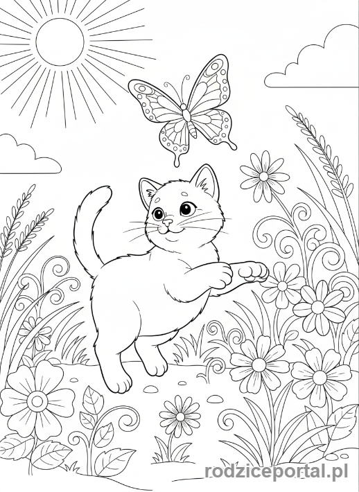 Kolorowanka Dla Dziewczynek - Kotek goniący motyla