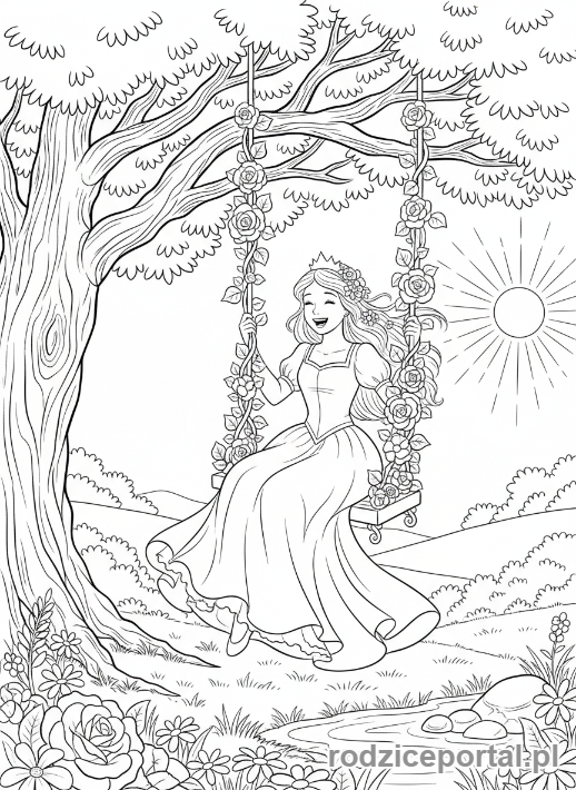 Kolorowanka Dla Dziewczynek - Księżniczka na huśtawce.