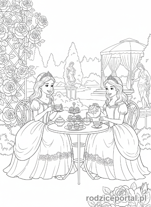 Kolorowanka Dla Dziewczynek - Księżniczki na przyjęciu herbacianym.