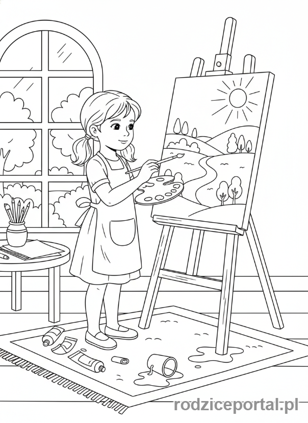 Kolorowanka Dla Dziewczynek - Mała artystka malująca obraz.