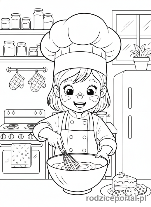 Kolorowanka Dla Dziewczynek - Mała kucharka piekąca ciasto.