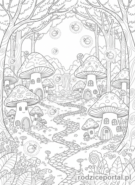 Kolorowanka Dla Dziewczynek - Magiczny las z domkami grzybów