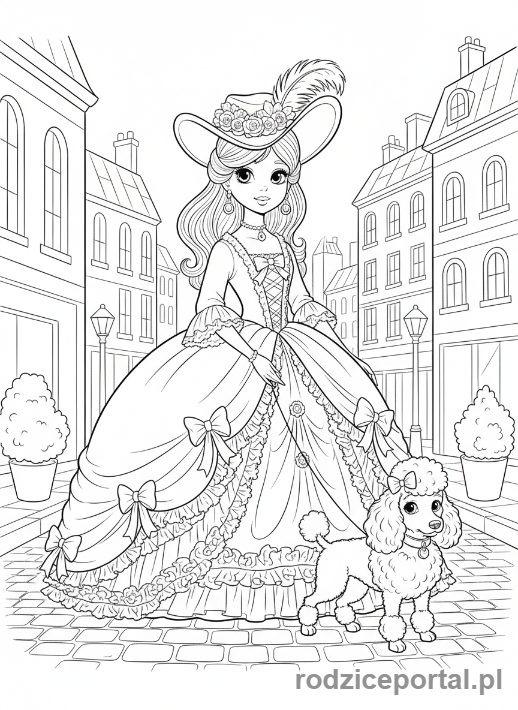 Kolorowanka Dla Dziewczynek - Modna dziewczynka spacerująca z pudlem.