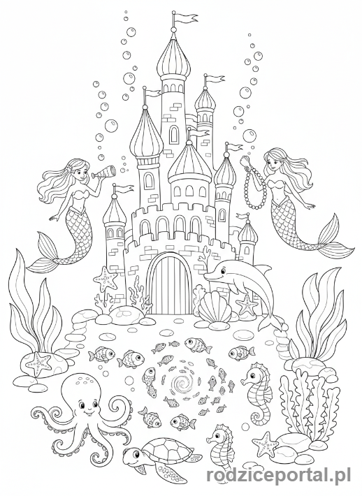 Kolorowanka Dla Dziewczynek - Podwodny zamek z syrenkami.