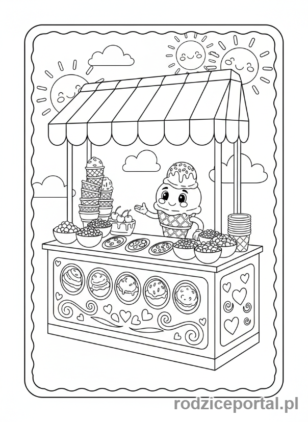 Kolorowanka Dla Dziewczynek - Stoisko z lodami i słodkościami