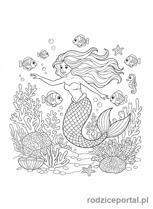 Kolorowanka Dla Dziewczynek - Syrenka pływająca wśród raf koralowych