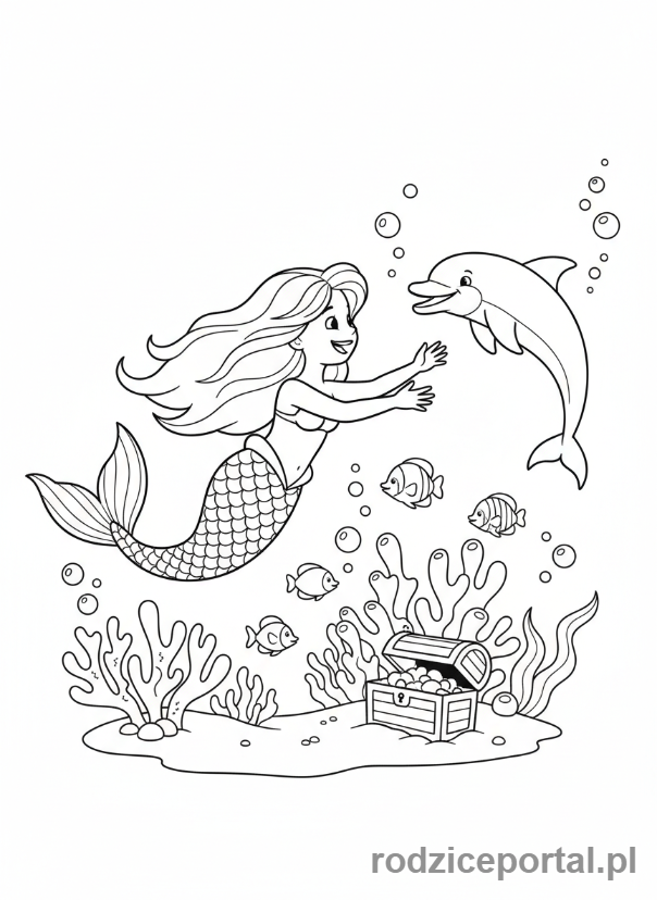 Kolorowanka Dla Dziewczynek - Syrenka z delfinem.