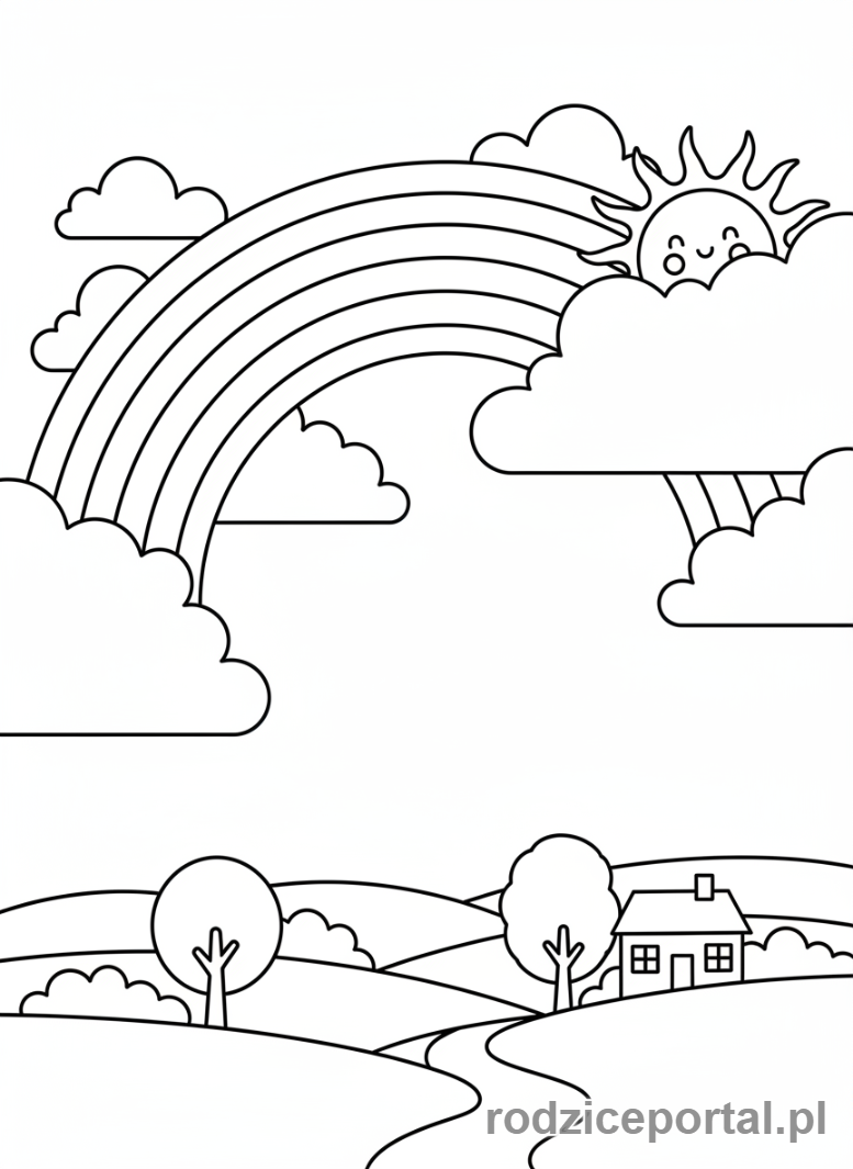 Kolorowanka Dla Dziewczynek - Tęcza z chmurami i słońcem