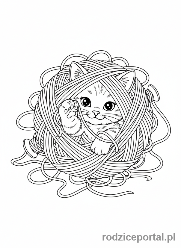 Kolorowanka Dla Dziewczynek - Uroczy kotek bawiący się włóczką.