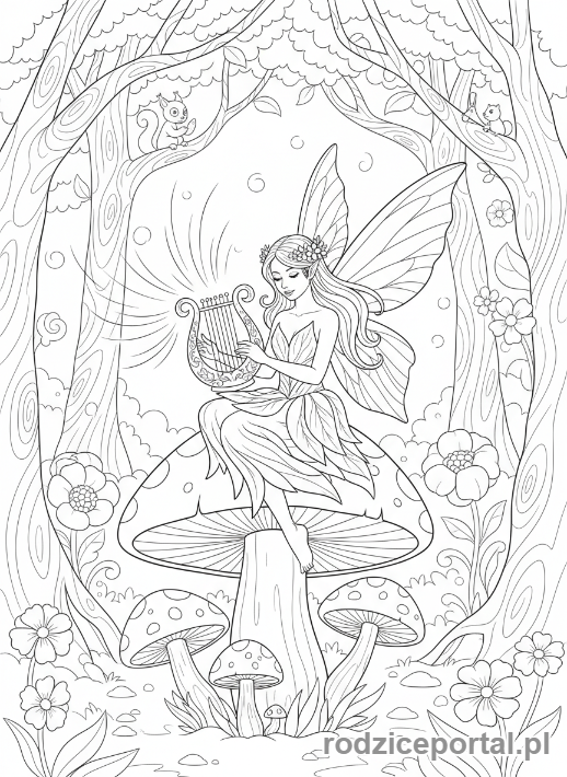 Kolorowanka Dla Dziewczynek - Wróżka grająca na harfie.