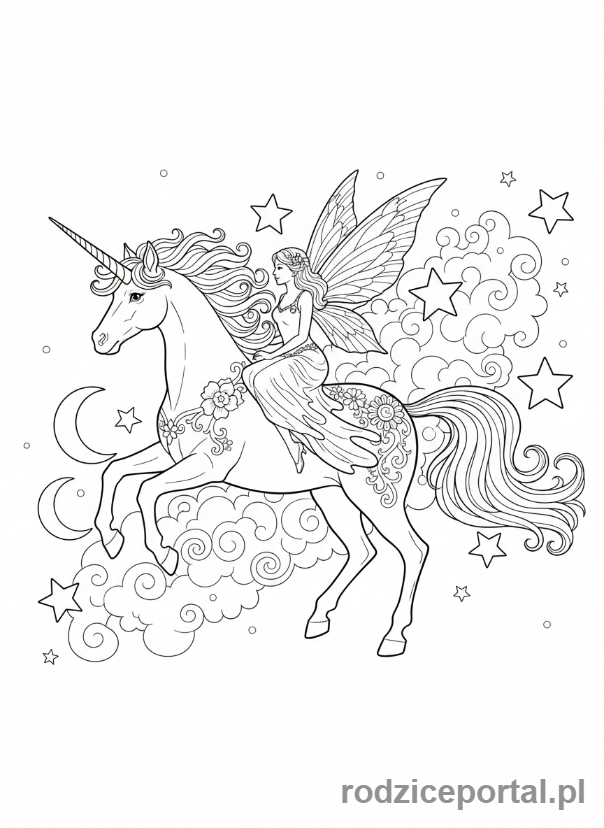 Kolorowanka Dla Dziewczynek - Wróżka na jednorożcu