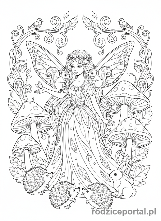 Kolorowanka Dla Dziewczynek - Wróżka z małymi zwierzętami