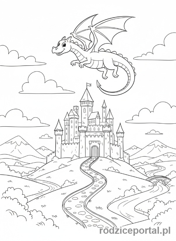 Kolorowanka Dla Dziewczynek - Zamek na wzgórzu z latającym smokiem