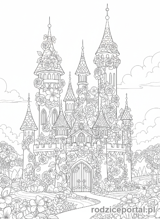 Kolorowanka Dla Dziewczynek - Zamek pełen kwitnących kwiatów