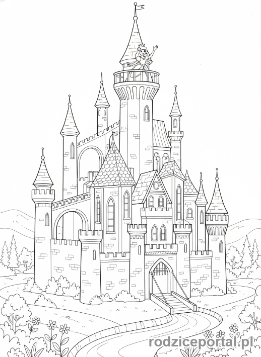 Kolorowanka Dla Dziewczynek - Zamek z księżniczką na balkonie.