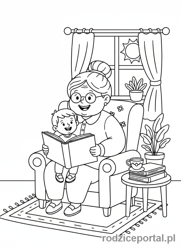 Kolorowanka Dzień Babci - Babcia czytająca książkę wnuczkowi.