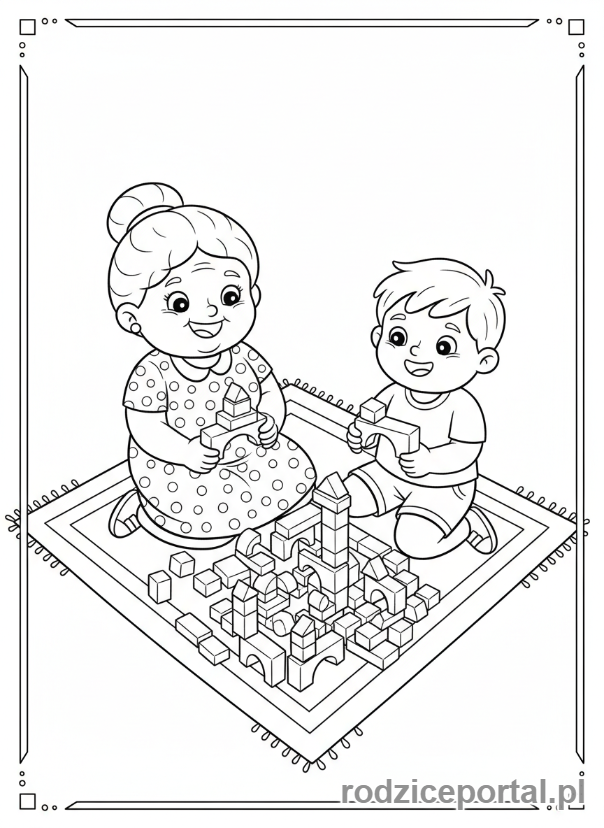 Kolorowanka Dzień Babci - Babcia i wnuczek bawiący się klockami.
