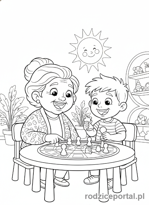 Kolorowanka Dzień Babci - Babcia i wnuczek grający w grę planszową.