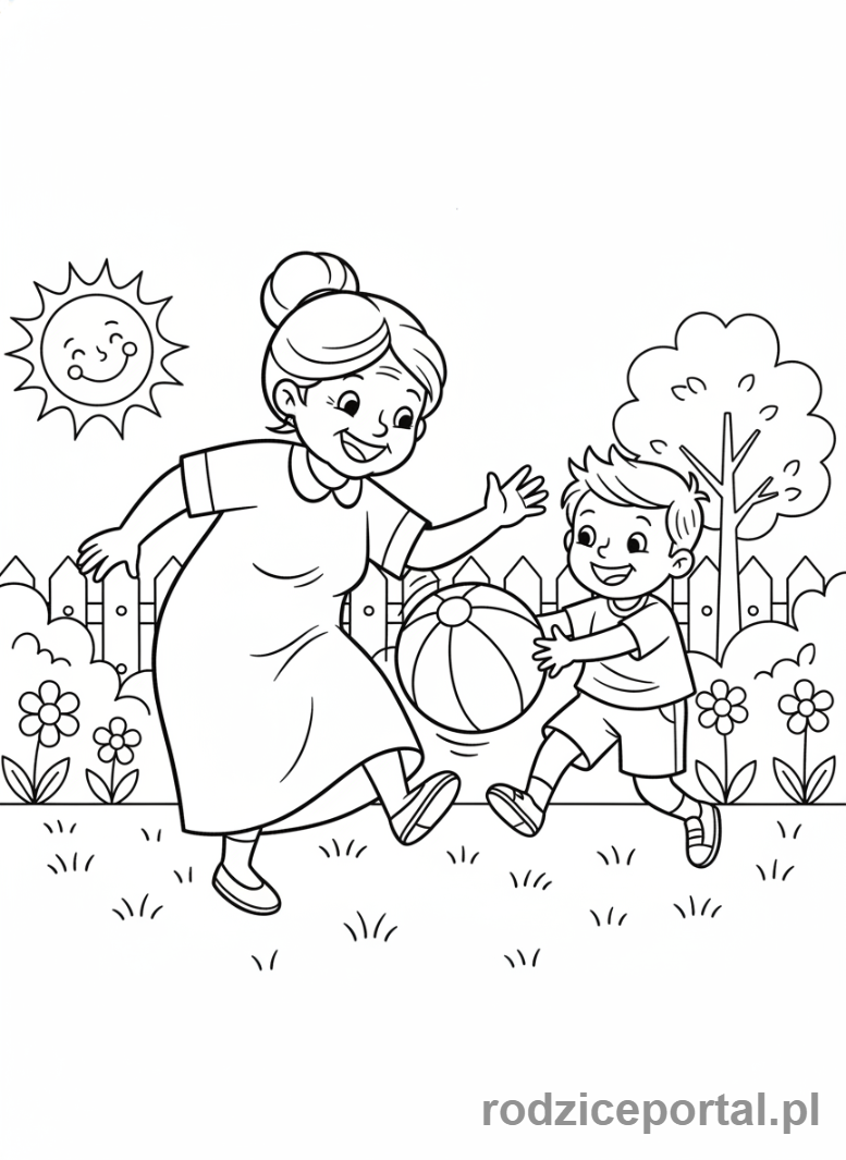 Kolorowanka Dzień Babci - Babcia i wnuczek grający w piłkę