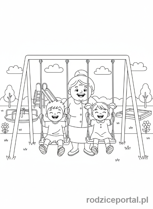 Kolorowanka Dzień Babci - Babcia i wnuczęta na huśtawce