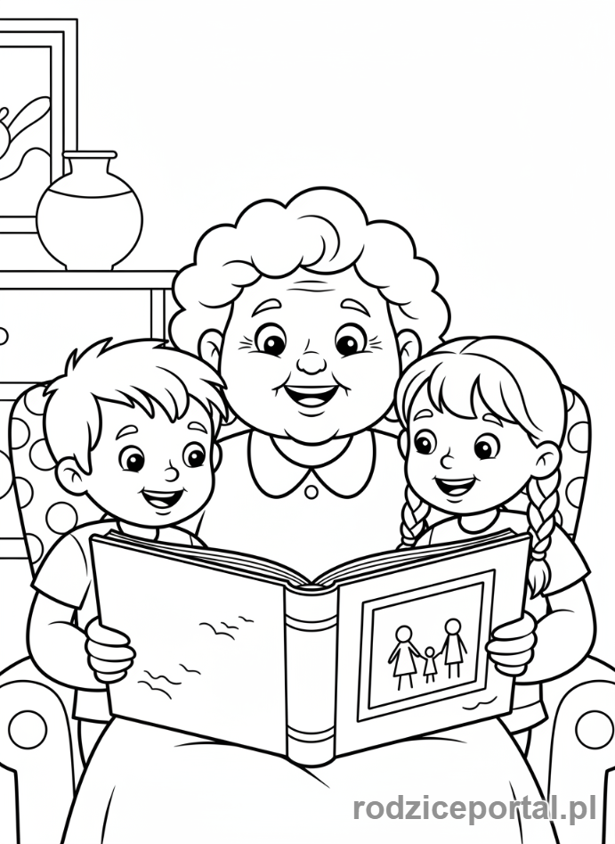 Kolorowanka Dzień Babci - Babcia i wnuczęta oglądające album ze zdjęciami.