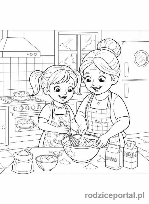 Kolorowanka Dzień Babci - Babcia i wnuczka piekące ciasto w kuchni.