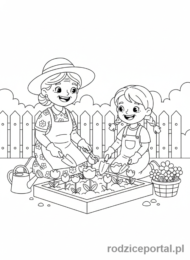 Kolorowanka Dzień Babci - Babcia i wnuczka sadzące kwiaty w ogrodzie.