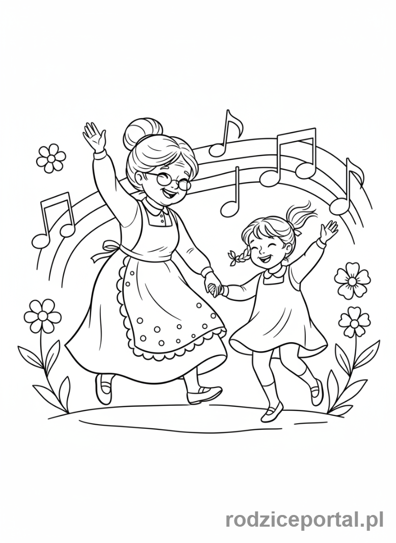 Kolorowanka Dzień Babci - Babcia i wnuczka tańczące razem
