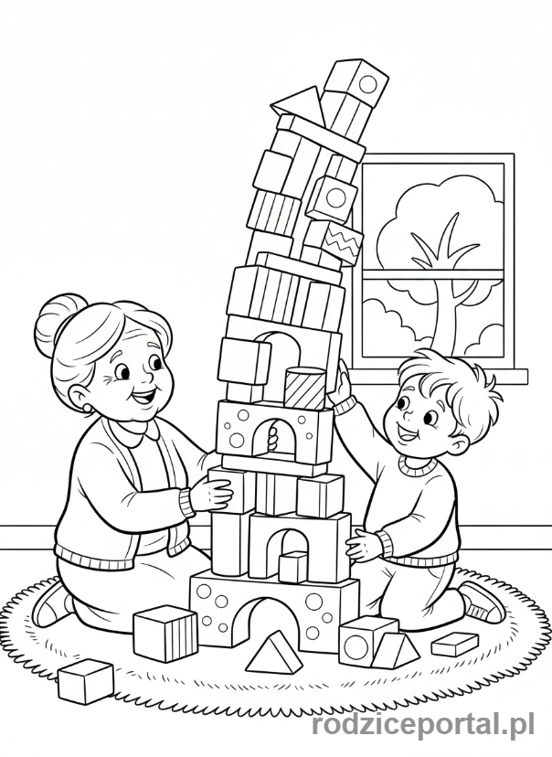 Kolorowanka Dzień Babci - Babcia i wnuk budujący z klocków