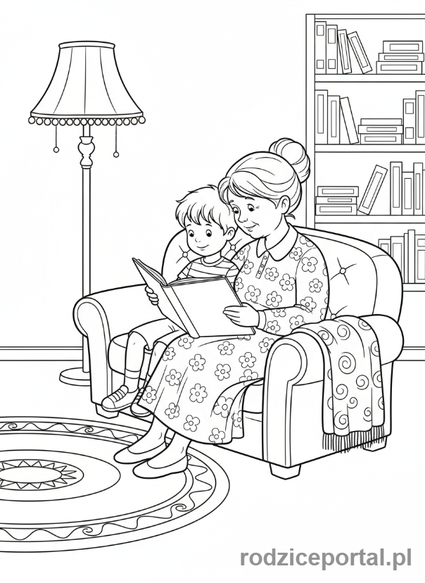 Kolorowanka Dzień Babci - Babcia i wnuk czytający książkę