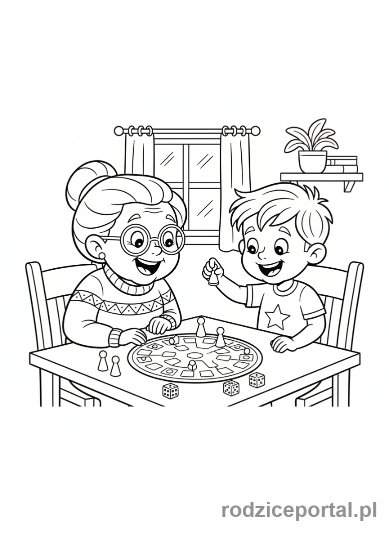 Kolorowanka Dzień Babci - Babcia i wnuk grający w planszówkę