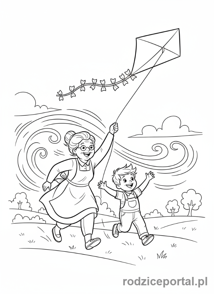 Kolorowanka Dzień Babci - Babcia i wnuk puszczający latawce