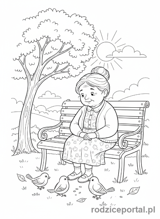 Kolorowanka Dzień Babci - Babcia na ławce z ptaszkami