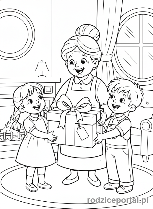Kolorowanka Dzień Babci - Babcia odbierająca prezent od wnucząt.